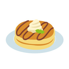 Illustration of two fluffy golden pancakes stacked on a plate, topped with whipped cream, chocolate drizzle, and a fresh mint leaf. © yeri