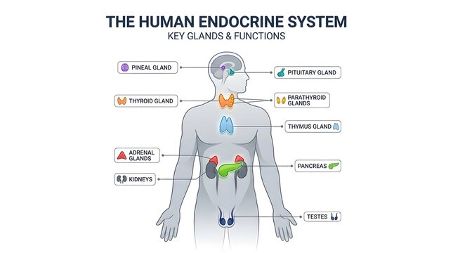 Diagram illustrating the human endocrine system with labels for major glands like pituitary, thyroid, adrenal, pancreas, and pineal gland.