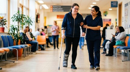Fototapeta premium Two Healthcare Professionals Walking and Talking in Hospital Lobby.