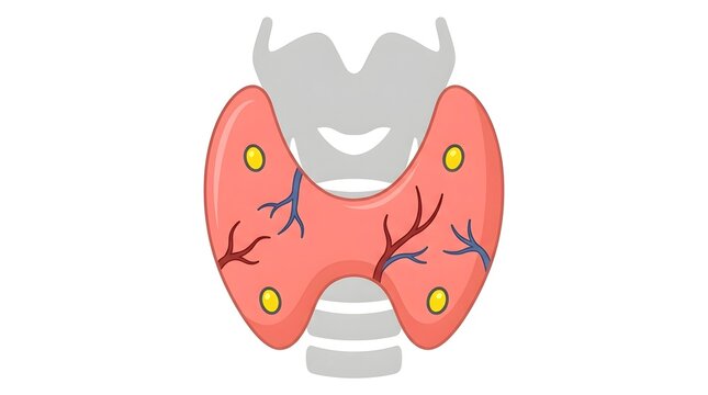 Anatomical illustration of the human thyroid gland with parathyroid glands and associated blood vessels, depicted in a simplified medical diagram.
