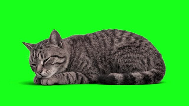 A detailed 3D digital rendering of a grey striped tabby cat sleeping soundly on its stomach against a solid chroma key green background. Ideal for veterinary promotions, pet food commercials, and crea