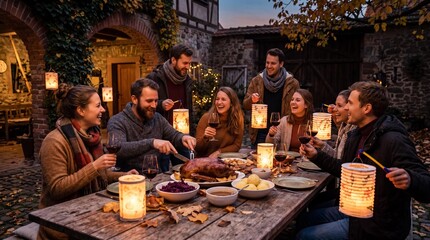 Happy friends celebrating St. Martin's Day with roasted goose and lanterns