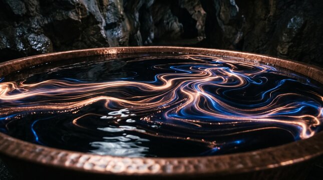 Ancient Copper Ritual Basin with Glowing Light Swirls in Dark Cave, Mystical Scrying Pool with Bioluminescent Water