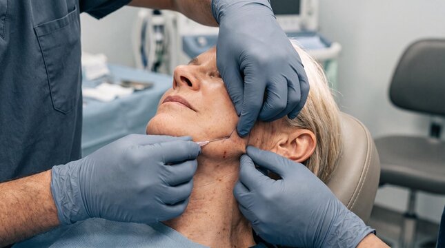Senior woman receiving non-surgical PDO thread lift treatment in clinic.