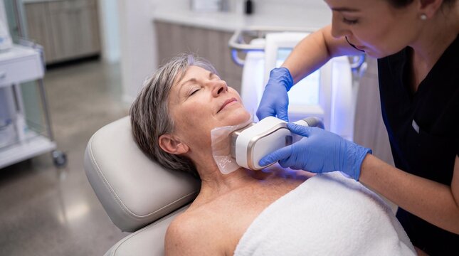 Senior woman undergoing non-surgical cryolipolysis treatment for double chin