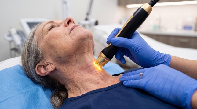 Senior woman receiving RF microneedling treatment for neck skin tightening