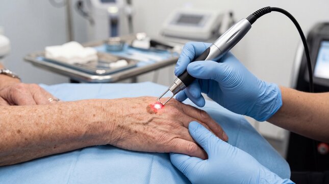 Dermatologist performing laser age spot removal on senior patient hand