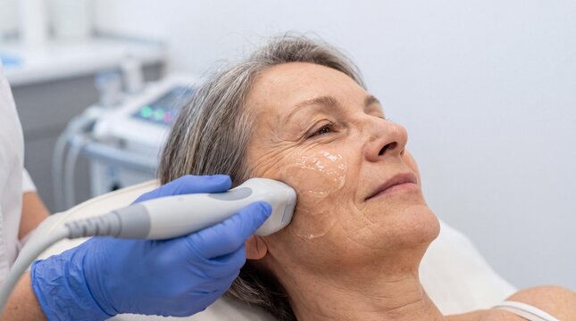 Senior woman receiving ultherapy skin tightening treatment at a beauty clinic.