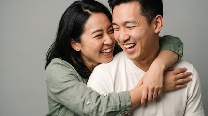 Obraz premium Happy young Asian couple laughing and hugging on grey background