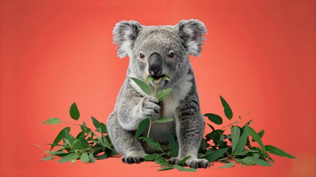 A vivid 3D illustration of a gray fluffy koala munching on green eucalyptus leaves, set against a striking red backdrop. Great for wildlife preservation posters, Australian nature promos, educational 