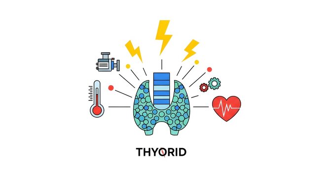 Illustration depicting the human thyroid gland with surrounding icons representing its impact on metabolism, energy, body temperature, and heart health, highlighting its crucial role in the body.