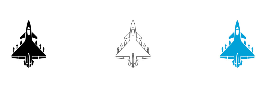 Fighter jet icon set black silhouette line art and teal color variations for aviation design