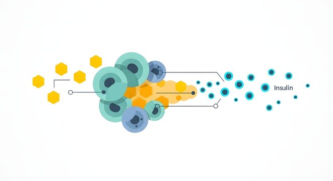 Illustration showing the biological process of insulin secretion by pancreatic islet cells in response to a stimulus.