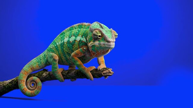 A detailed 3D render of a green striped veild chameleon perching quietly on a tree branch. This reptile model is set against a solid blue screen background, making it ideal for educational documentari