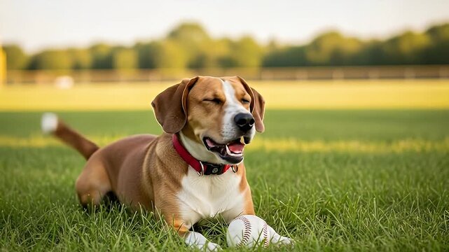 Happy Dog Relaxing on Grass with Baseball Ball Outdoors