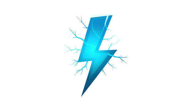 Bright blue lightning bolt with branching energy tendrils isolated on transparent background