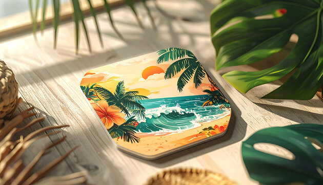 Square tropical beach coaster with pixel art ocean sunset scene placed on wooden table among palm leaves