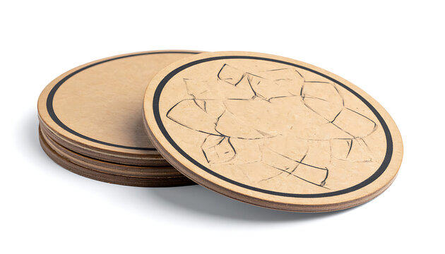 Stack of round brown recycled cardboard coasters with black circular outline pattern