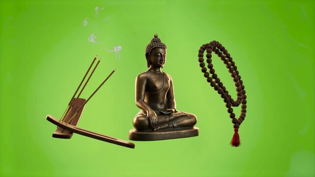A spiritual 3D rendering of a meditating bronze Buddha statue surrounded by smoking incense sticks and prayer beads. The asset is isolated on a solid green screen backdrop for effortless chroma key co