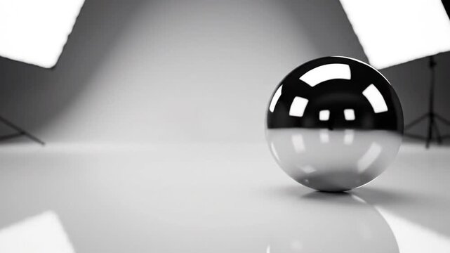 Reflective chrome sphere in a bright white studio setting.