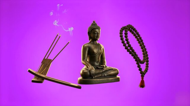 A spiritual composition featuring a meditating Buddha sculpture, smoking incense sticks, and wooden prayer beads. The entire setup is illuminated against a vibrant purple studio background, perfect fo