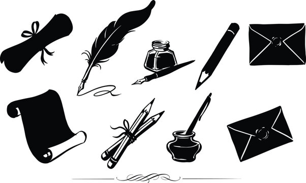 Vintage Writing Tools Set Quill Scroll Envelope and Ink Vector Icons