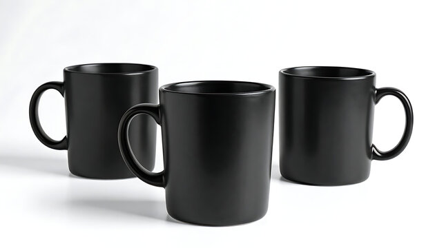 Three plain black ceramic coffee mugs arranged together isolated for product branding display