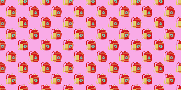 Seamless pattern of red pixel art backpacks with flower logo on pink background.