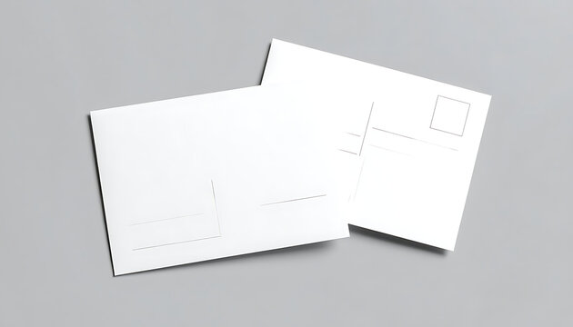 Two blank white postcards mockup showing address lines and stamp placeholder, stationery template for mailing