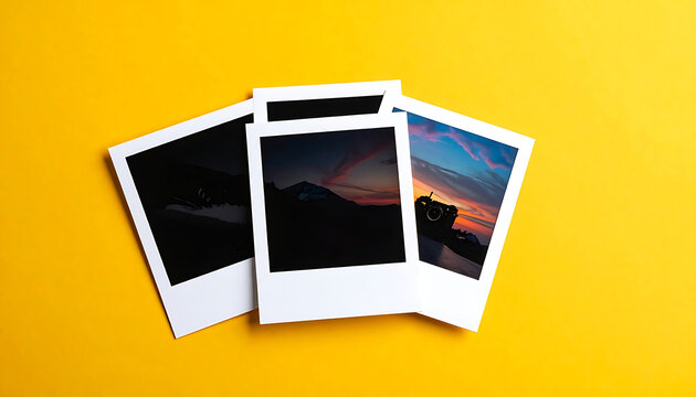 Three stacked polaroid style instant photos with sunset landscapes on a vibrant yellow background