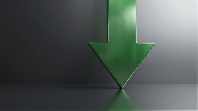 Green arrow points down on dark surface, symbolizing decline or downward trend.