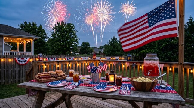 American backyard bbq with fireworks