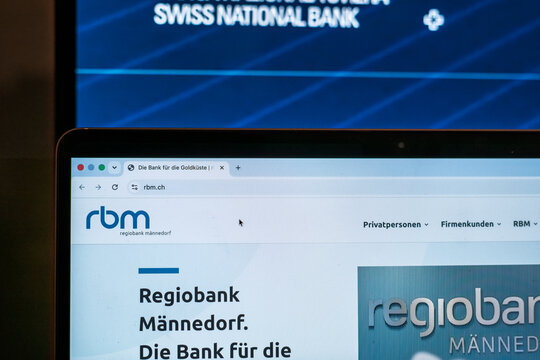 BERN, SWITZERLAND - JUNE 9, 2026: Regiobank Mannedorf website displayed in a laptop, showing the rbm mark. The company is a Swiss regional bank serving the Lake Zurich area.