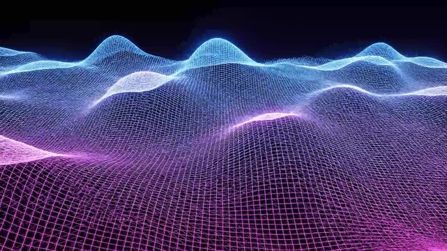 Abstract digital landscape with neon waves and mountain shapes