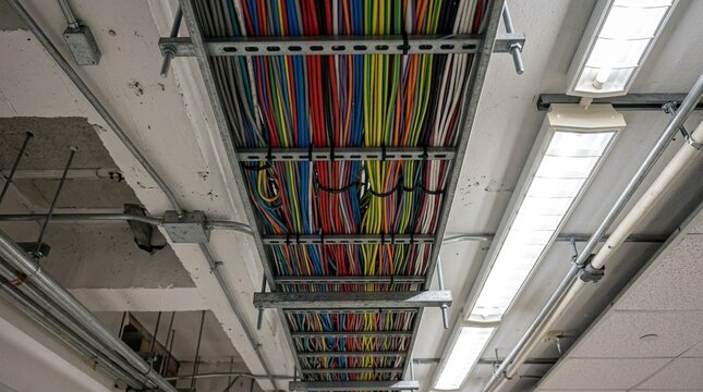 Galvanized Cable Tray Filled with Multicolor Cables &ndash; Electrical Installation Ceiling View