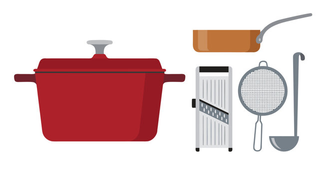 Collection of French cooking utensil including cocotte en fonte pot, sauteuse copper pan, mandoline slicer, tamis fine sieve, louche soup ladle.