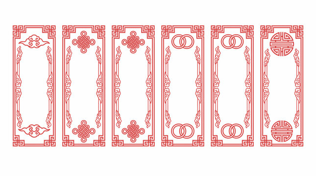 Set of Red Traditional Chinese Vertical Decorative Borders with Cultural Motifs on Isolated White Background