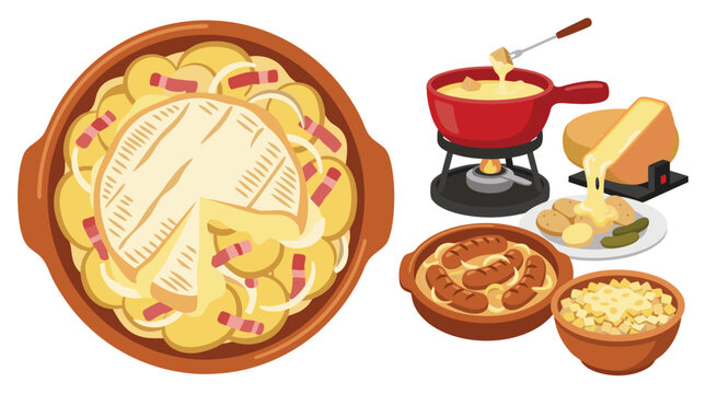 Collection of French mountain cuisine including tartiflette reblochon, fondue savoyarde pot, raclette melted cheese, diots au vin blanc, crozets au fromage.