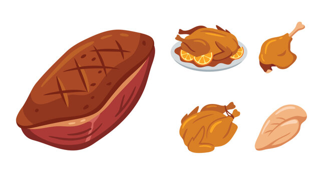 Collection of French duck and poultry including magret de canard breast, duck &agrave; l'orange platter, confit de canard leg, poulet r&ocirc;ti whole chicken, supr&ecirc;me de volaille.