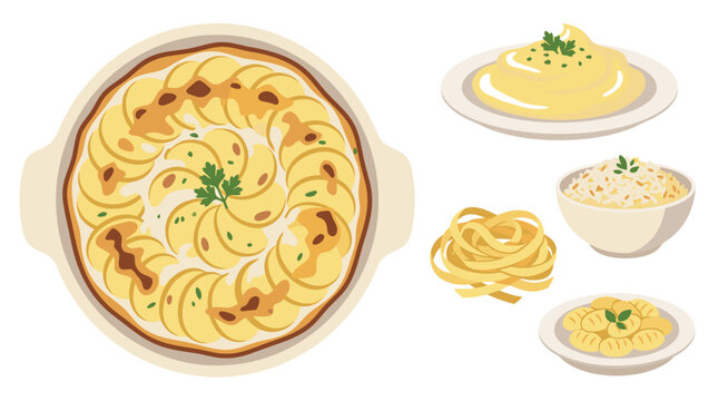 Collection of French pasta and grain including gratin dauphinois dish, pommes aligot plate, riz pilaf bowl, p&acirc;tes fra&icirc;ches tagliatelle, gnocchi parisienne.
