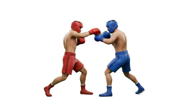 An athletic 3D animation depicting two shirtless boxers wearing gloves engaging in a competitive match. The fighters are shown mid-spar against a clean, isolated white backdrop.