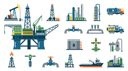 Fototapeta premium Oil and Gas Industry Flat Design Vector Icons Set: Petroleum Production, Energy and Fuel Elements