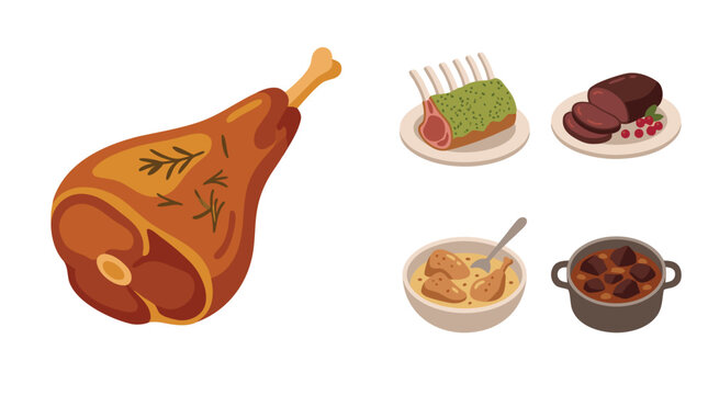 Collection of French lamb and game including gigot d'agneau r&ocirc;ti, carr&eacute; d'agneau herb-crusted, venaison aux baies, lapin &agrave; la moutarde, sanglier en daube.