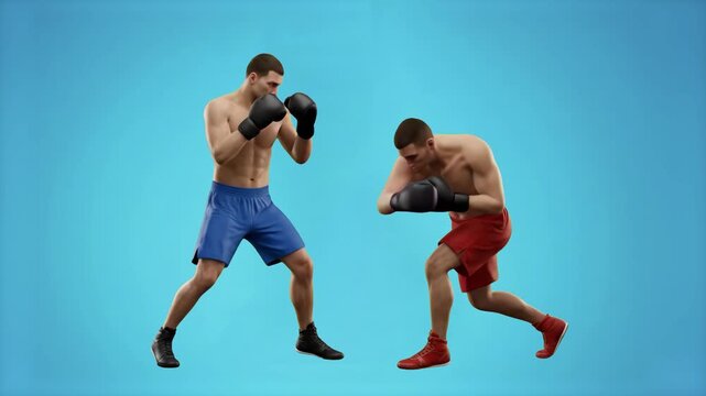 Two shirtless male boxers wearing gloves and shorts in an active sparring match on a vibrant blue backdrop. Perfect for sports promos, fitness app visuals, martial arts training videos, and boxing mat