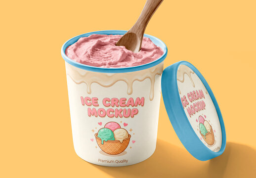 Ice cream container mockup with spoon and lid