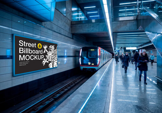 Subway billboard mockup with train arriving and passengers