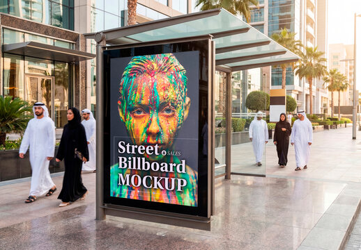 Outdoor billboard mockup with arab people walking city
