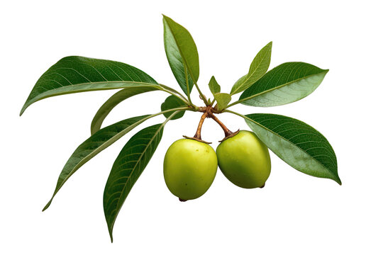 Green star apple fruits on a branch with leaves, tropical caimito, fresh healthy organic food, transparent background