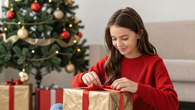 Girl unboxing a Christmas gift with a delighted expression
