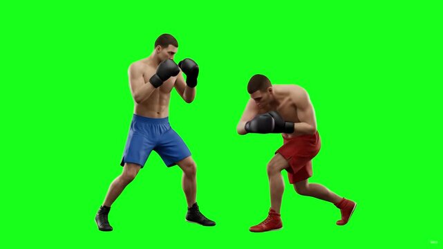 A dynamic 3D motion graphic animation of two male professional boxers in shorts and gloves sparring, punching, and dodging attacks. This pre-keyed element on a green screen backdrop is perfect for com